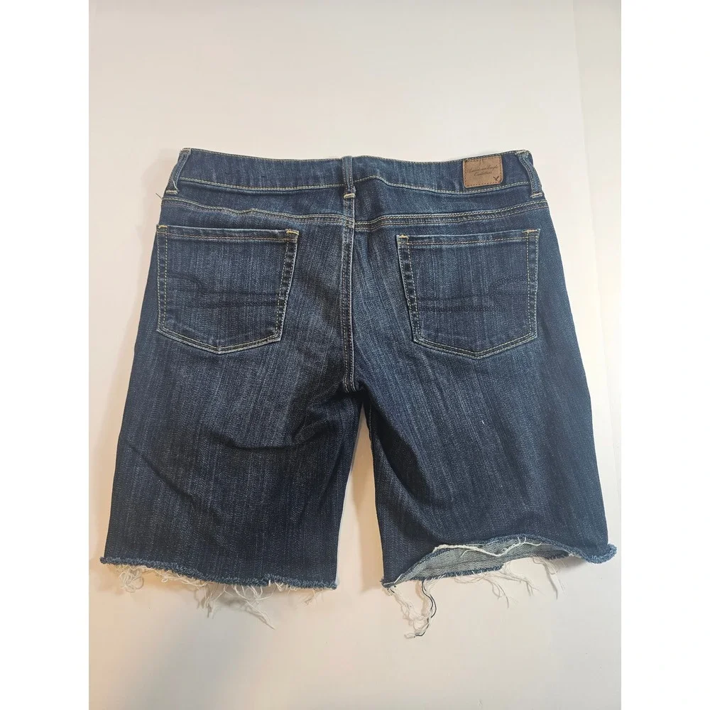 American Eagle Long Denim Shorts Women 12 Dark Wash‎ Raw Hem Stretch